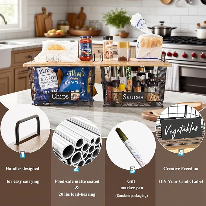 1 Pack Stackable Wire Storage Baskets with Wood Lid- Pantry Cabinet Organization, Kitchen Counter Basket for Fruit Vegetable -Large Metal Bin for Pantry Organization and Storage, Black