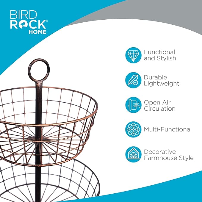 BIRDROCK HOME 3 Tier Wire Fruit Basket | Round Metal Standing Baskets | Fruit Vegetable Garlic Caddy | Freestanding Rustic Decorative Basket