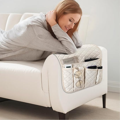 luckyjoyreal Velvet Armchair Caddy for Couch Remote Control Holder Non-slip Sofa Armset Organizer Caddy Storage for Recliner Couch 5 Pocket for Magazine 35"x13" Ivory 1 Piece