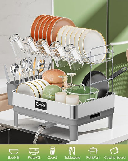 CosyPic 2 Tier Dish Drying Rack, Thicker Premium 304 Stainless Steel Dish Racks for Kitchen Counter, Automatic Drainage Spout, Dish Drainer & Drainboard Set with Utensil Holder and Cup Holder, Grey