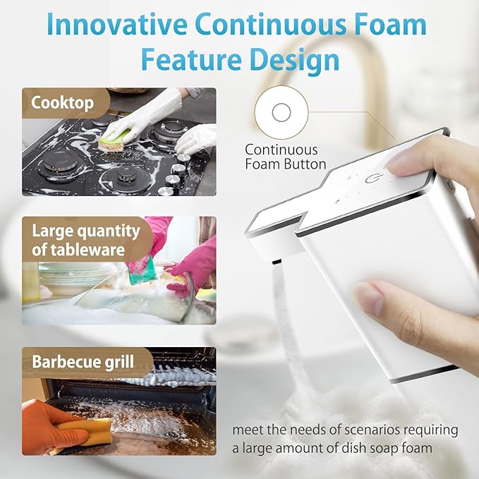 JEMISUN Automatic Foaming Soap Dispenser Touchless 380ml/12.8oz Rechargeable Hand Soap Dispenser Wall Mounted 4 Levels Adjustable Foam Soap Pump for Bathroom Kitchen Dish Soap