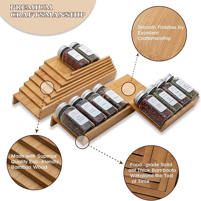 Angimio Bamboo Spice Rack Drawer Organizer - 8 Pieces Set- 10" Wide Per Piece - Combine Pieces Into 20" Wide Rack (10" or 20")