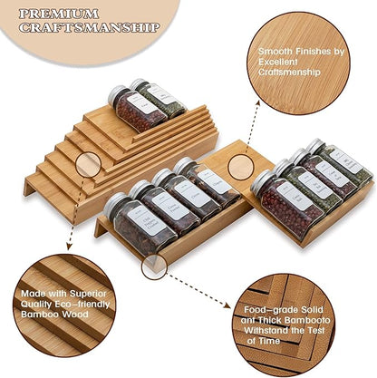 Angimio Bamboo Spice Rack Drawer Organizer - 8 Pieces Set- 10" Wide Per Piece - Combine Pieces Into 20" Wide Rack (10" or 20")