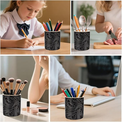 WAVEYU Pen Holder, Pencil Cup for Desk, Cute Makeup Brush Holder, Durable Ceramic Organizer Decor for Room, Office, Classroom, Abstract Pattern