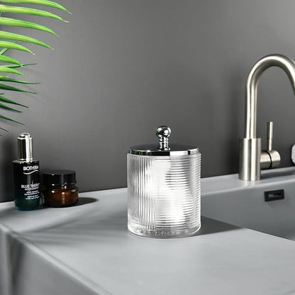 Indecor Home Clear Transparent Apothecary Ribbed Geometric Etched Glass Jar W/Silver/Chrome Metal Lid Cover for Bathroom Organization, Cotton Balls, Q Tips, and Small Accessories, Bathroom Storage
