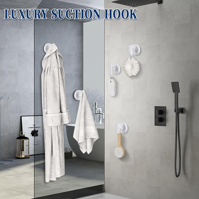 warlve Heavy Duty Reusable Suction Cup Hooks for Shower - No Drill Bathroom/Glass/Mirror/Tiles & Metal Surfaces,and Smooth Non-Porous Surfaces for Towels, Robes, Loofahs (4, White)