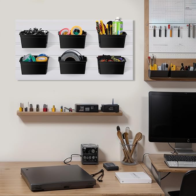 Unittype 18 Pcs Slat Wall Bins Slat Wall Accessories Storage Bins Plastic Containers Organizer for Garage Craft Room Tool Shed Workshop(Black)