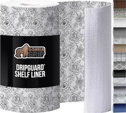 GORILLA GRIP DripGuard Shelf Liner, Non Adhesive Drawer and Kitchen Cabinet Protector, Slip Resistant BPA Free Smooth Surface Plastic Liners for Cabinets, Bathrooms, Closets, 12x120 Inch, Floral Gray