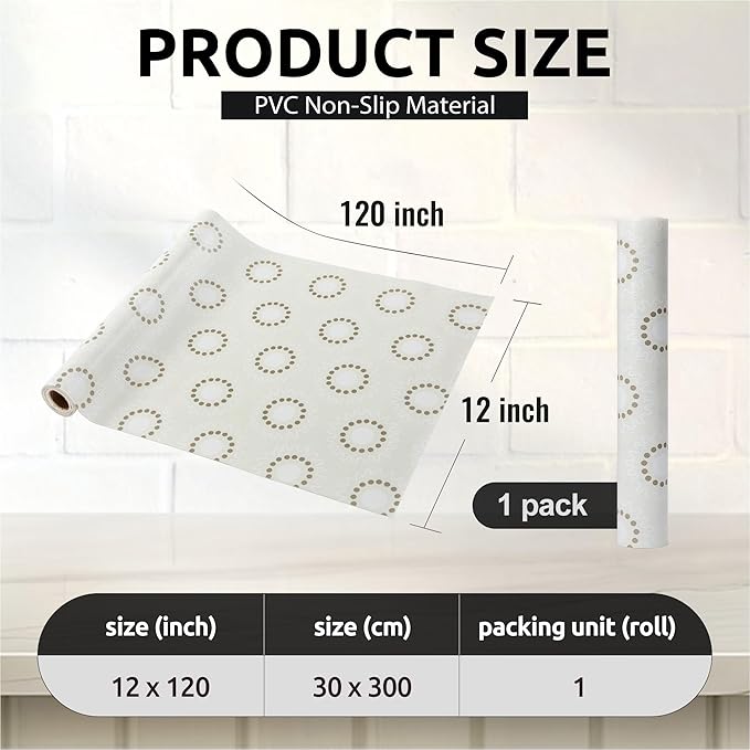 FIFTY FEET 12X120 Inch Shelf Liner for Kitchen Cabinets, PVC Drawer Liner for Dresser Non-Slip Bathroom, Non-Adhesive Cabinet Liner Washable (Beige Circle)(1 Roll)