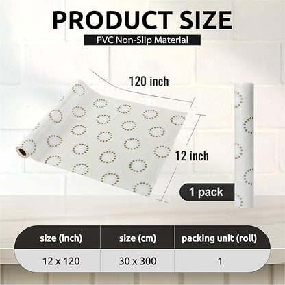 FIFTY FEET 12X120 Inch Shelf Liner for Kitchen Cabinets, PVC Drawer Liner for Dresser Non-Slip Bathroom, Non-Adhesive Cabinet Liner Washable (Beige Circle)(1 Roll)