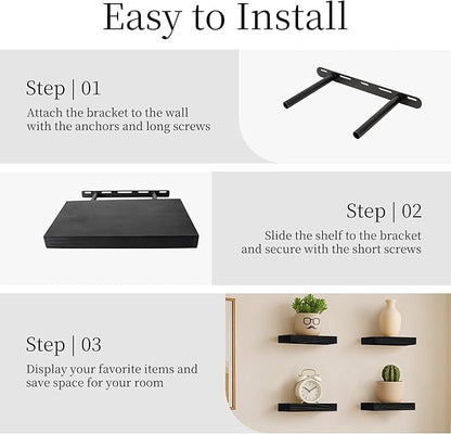 BGMG Wood Floating Shelves 12 inch,Black Floating Shelves,Solid Wood Wall Shelves for Bathroom Living Room Bedroom Kitchen Farmhouse Set of 2-12x 6.7 x1.25 inch