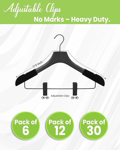 All Hung Up Hangers - Wooden Hangers with Clips for Women, Solid Wood Skirt & Suit Hangers, Heavy-Duty Adjustable Non-Slip Design with Velvet Grip, Black with Black Velvet, 30 pcs