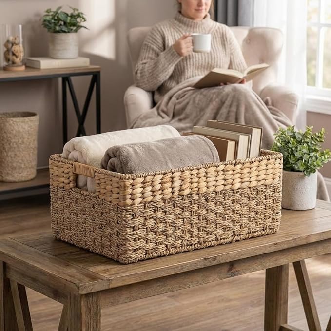 Large Wicker Storage Basket with handles, Natural, Woven, Seagrass and Hyacinth Organizing Baskets for Shelves, Pantry, Living Room - Large Size - 17x11x7.5 in