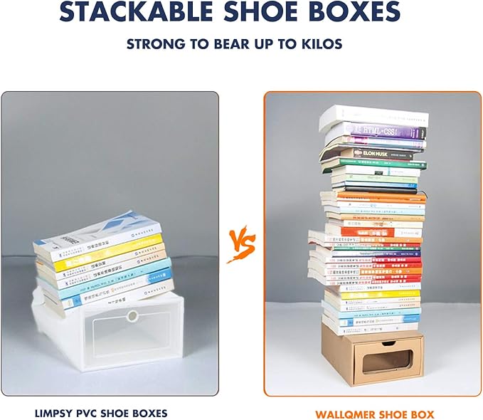 WALL QMER Shoe Box 12 Pack,13.2 x 8.3 x 5.1in Waterproof Storage Boxes, Socks, Stationery, Toys, Underwear,Heavy Duty,Stack-able Cardboard Boxes,with Marking Labels,Transparent Window