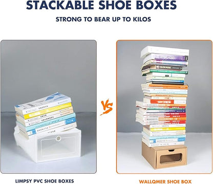 WALL QMER Shoe Box 12 Pack,13.2 x 8.3 x 5.1in Waterproof Storage Boxes, Socks, Stationery, Toys, Underwear,Heavy Duty,Stack-able Cardboard Boxes,with Marking Labels,Transparent Window