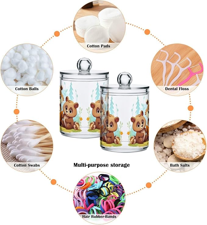 MNSRUU 4 Pack Qtip Holder Organizer Dispenser Animal Bears Pink Bathroom Storage Canister Cotton Ball Holder Bathroom Containers for Cotton Swabs/Pads/Floss