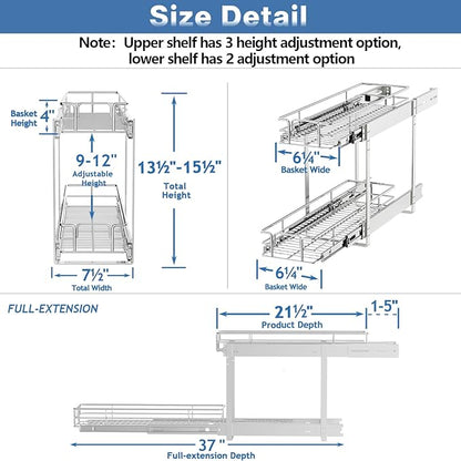 ROOMTEC Individual Pull Out Cabinet Organizer (7½"W x 21½"D), 2 Tier Spice Rack Organizer for Cabinet, Slide Out Drawer Pantry Shelf Organization and Storage for Kitchen Bathroom