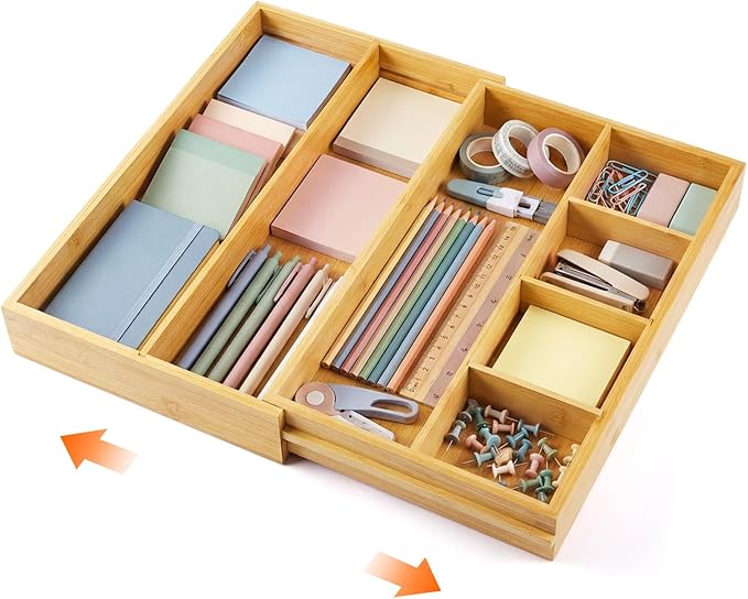 1 Pcs Bamboo Desk Drawer Organizer 2 Inch Height Expandable Drawer Organizer Trays with 7 Adjustable Compartments Desk Accessories for Makeup Silverware Office Bathroom(Wood)
