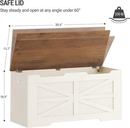 39.4" Storage Chest, Extra Large Storage Trunk with 2 Hinges, Wooden Box Bench, Lift-Top Organizer Chest, Shoe Bench for Entryway, Bedroom, Living Room, White and Brown SB03414X