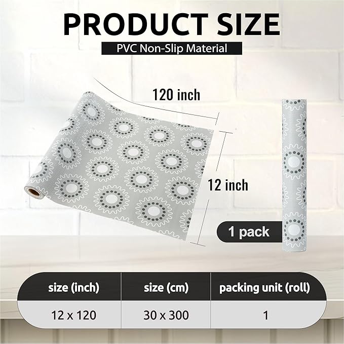 FIFTY FEET 12X120 Inch Shelf Liner for Kitchen Cabinets, PVC Drawer Liner for Dresser Non-Slip Bathroom, Non-Adhesive Cabinet Liner Washable (Grey Circle)(1 Roll)