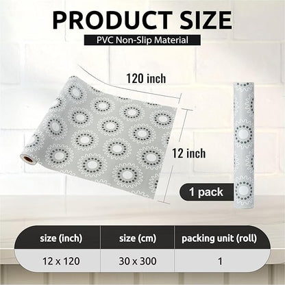 FIFTY FEET 12X120 Inch Shelf Liner for Kitchen Cabinets, PVC Drawer Liner for Dresser Non-Slip Bathroom, Non-Adhesive Cabinet Liner Washable (Grey Circle)(1 Roll)