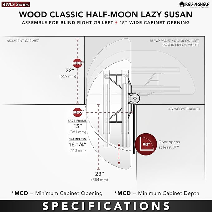Rev-A-Shelf 35" Dual Shelf Half Moon Lazy Susan Organizer for Blind Corner Kitchen Cabinets, Pull Out Turntable Storage Trays, Wood, 4WLS882-35-570