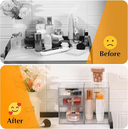 4Pack Stackable Storage Drawers, Clear Plastic Organizer Bins for Bathroom and Office Organization, Perfect for Cosmetic, Beauty Supplies, Accessories