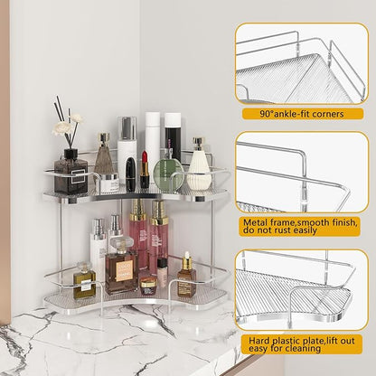 FOLLOWIN 2 Tier Bathroom Countertop Corner Organizer,Countertop Perfume Tray,Vanity Counter Shelf,Skincare Makeup Cosmetic Vanity Organizers,Silver