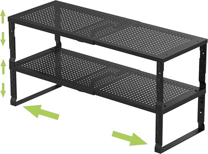 Expandable Adjustable Stackable Kitchen Organizer, Spice Rack,Metal Pantry Storage Shelves Racks,Counter Shelf for Cabinets, Countertop, Cupboard (2 Packs/Large/Black)