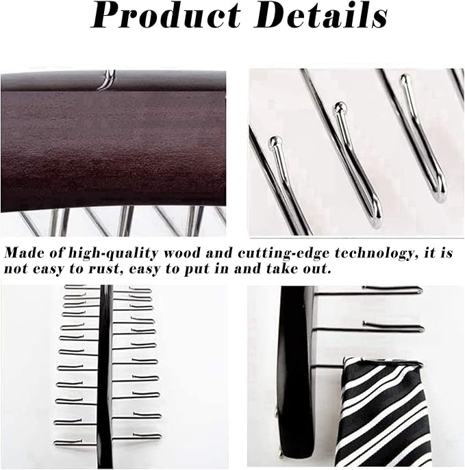 Ytaolis Premium Wood & Sturdy Quality Tie Hanger, 24 Non Slip Metal Hooks, 360 Swivel Design, Anti Slip Grips, Space Saving, Foldable, Black