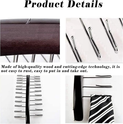 Ytaolis Premium Wood & Sturdy Quality Tie Hanger, 24 Non Slip Metal Hooks, 360 Swivel Design, Anti Slip Grips, Space Saving, Foldable, Black