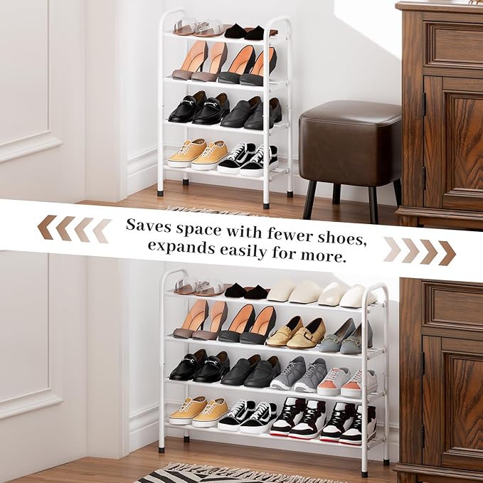 Expandable Shoe Rack, 4-Tier Metal Small Shoe Rack, Adjustable Shoes Organizer, Storage Shelf for Closet, Entryway, White