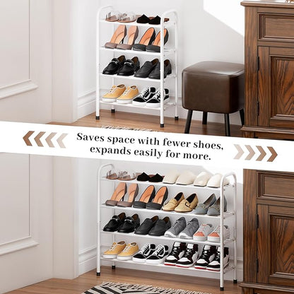 Expandable Shoe Rack, 4-Tier Metal Small Shoe Rack, Adjustable Shoes Organizer, Storage Shelf for Closet, Entryway, White
