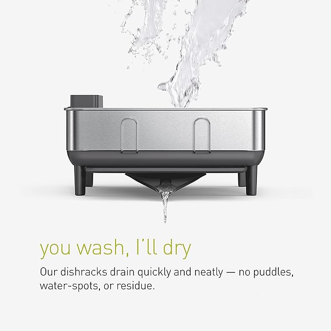 simplehuman Compact Dish Drying Rack with Stainless Steel Frame, 360º Easy Drain Swivel Spout, Utensil Holder, Anti-Residue Coating, Moisture Control Surface, Grey