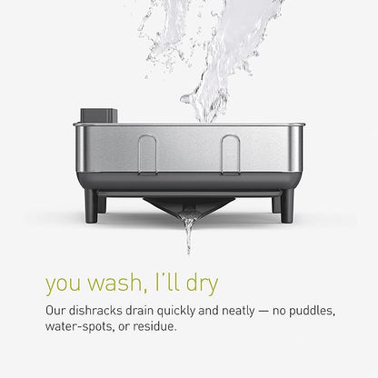 simplehuman Compact Dish Drying Rack with Stainless Steel Frame, 360º Easy Drain Swivel Spout, Utensil Holder, Anti-Residue Coating, Moisture Control Surface, Grey