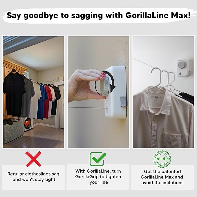 GorillaLine Max – Retractable Clothesline Indoor Outdoor, Non-Sagging Heavy Duty Clothes Drying Line, Wall Mounted Drying Rack, Air Dry Clothing, Max Tighten with GorillaGrip