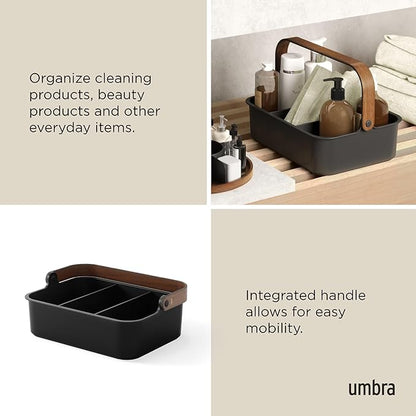 Umbra Bellwood Stackable Bin, 14" x 10" Durable Lightweight Container with Wooden Handle and Removable Dividers, Black/Walnut