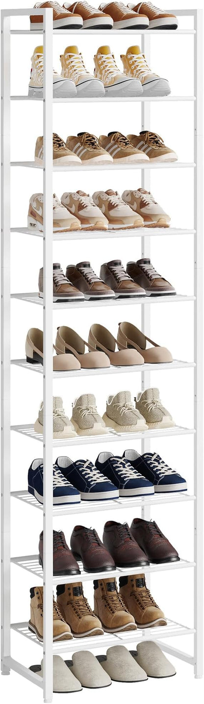 Narrow Shoe Rack, 10-Tier Metal Shoe Organizer,Tall Shoe Shelf with Anti-Tip Strap, Max Holds 20 Pairs,Space Saving for Closet,Entryway,White