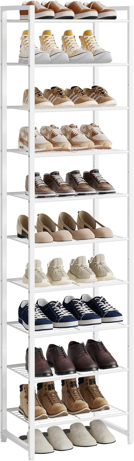 Narrow Shoe Rack, 10-Tier Metal Shoe Organizer,Tall Shoe Shelf with Anti-Tip Strap, Max Holds 20 Pairs,Space Saving for Closet,Entryway,White