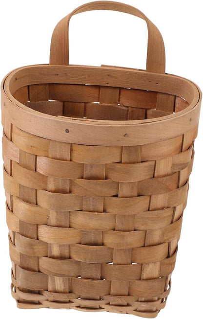 ABOOFAN Woven Wall Hanging Storage Basket for Kitchen and Desktop Organizer Natural Wood Material with Handle Nordic Style Decorative Hanging Pocket for Pantry and Home Organization