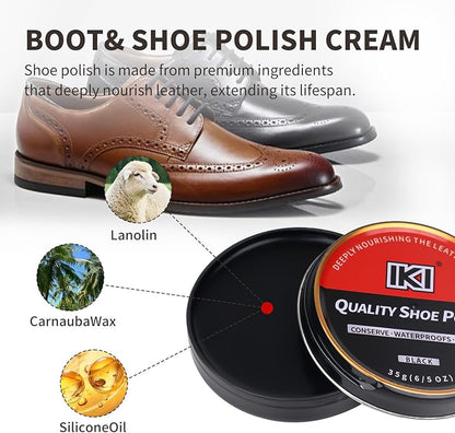 IKI Shoe Shine Polish Kit - 7PCS Leather Boot Care Kit with Black Shoe Polish Horsehair Brush Cloth Shoe Horn for Men