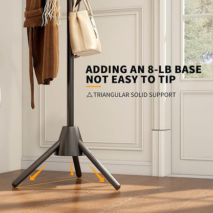 Anti-Tip Coat Rack with 8LB Weighted Base, Heavy Duty Metal Coat Rack Freestanding with 8 Hooks, 3 Adjustable Height Sturdy Clothes Rack Space Saving Organizer Stand for Entryway, Bedroom, Office
