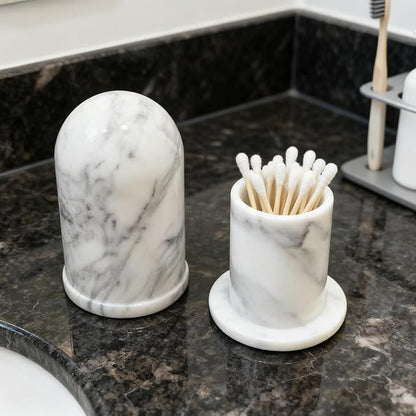 Terramason Marble Qtip Holder with Lid for Cotton Swabs, Balls, Pads, Floss Picks, Bathroom Vanity Organizer Storage Container Decor
