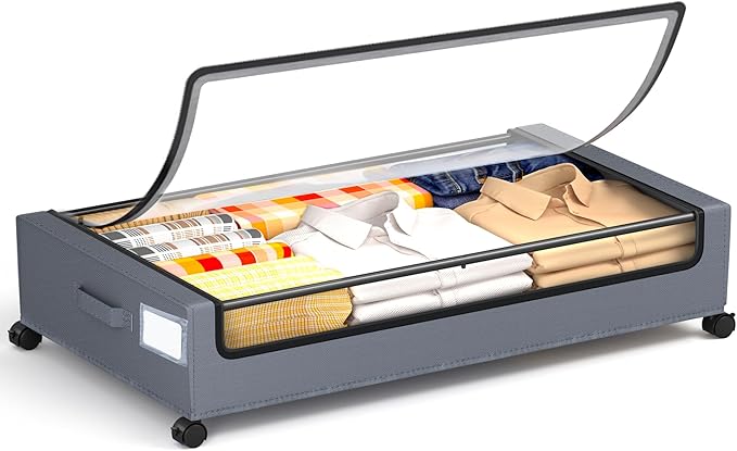 YEEBONIX Under Bed Storage with Wheels, Square Under Bed Storage Containers, 60L Under The Bed Storage Bins, Rolling Metal Drawer for Clothes, Blankets, Shoes...