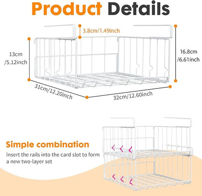 Under Shelf Basket Storage 2Pack, Steel Under Shelf Hanging Wire Baskets Shelves for Laundry Room Kitchen Desk Pantry Bookshelf, White