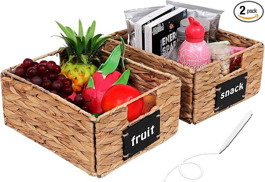 Set of 2 Water Hyacinth Storage Baskets 11x9x4.9inch Collapsible Wicker basket with Chalkboard Labels and Chalk Marker Rectangular Woven Storage Bin Organizers for Kitchen Shelves