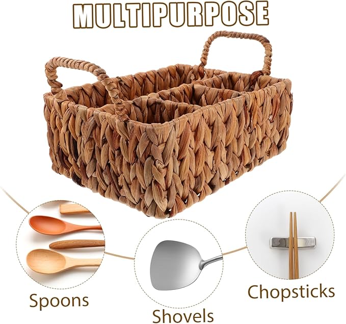 Rattan Storage Basket Woven Cutlery Basket Hyacinth Straw Silverware Organizer Desktop Cutlery Storage