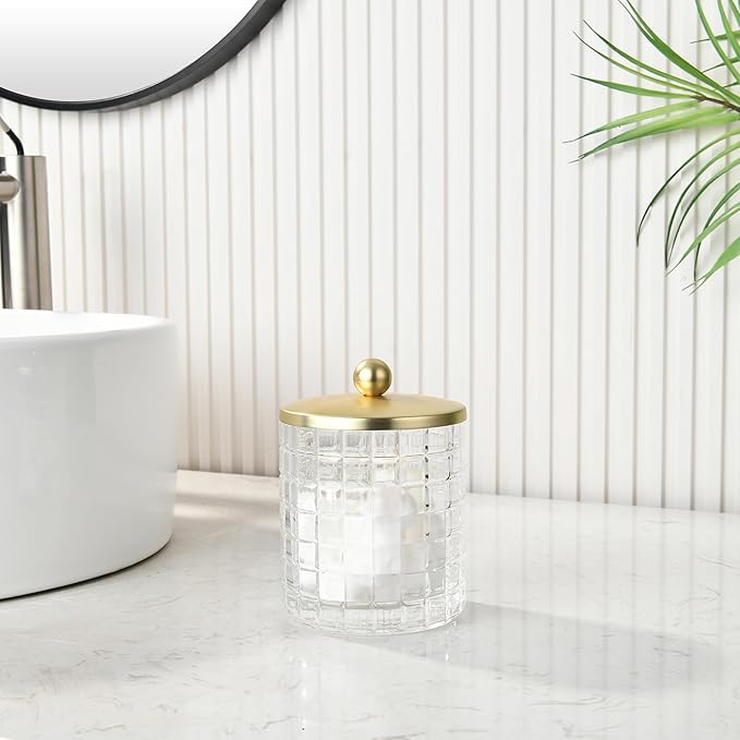 Indecor Home Clear Tranparent Apothecary Etched Geometric Grid Glass Jar W/Gold Metal Lid Cover for Bathroom Organization, Cotton Balls, Q Tips, and Small Accessories, Bathroom Storage