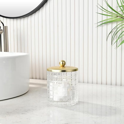 Indecor Home Clear Tranparent Apothecary Etched Geometric Grid Glass Jar W/Gold Metal Lid Cover for Bathroom Organization, Cotton Balls, Q Tips, and Small Accessories, Bathroom Storage