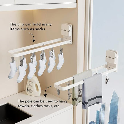 1 Pack Wall Mounted Suction Cup Clothes Drying Rack with 10 Clips, Portable & Collapsible Sock Hanger for Drying Socks, Bras, Underwear, Baby Clothes, Towels